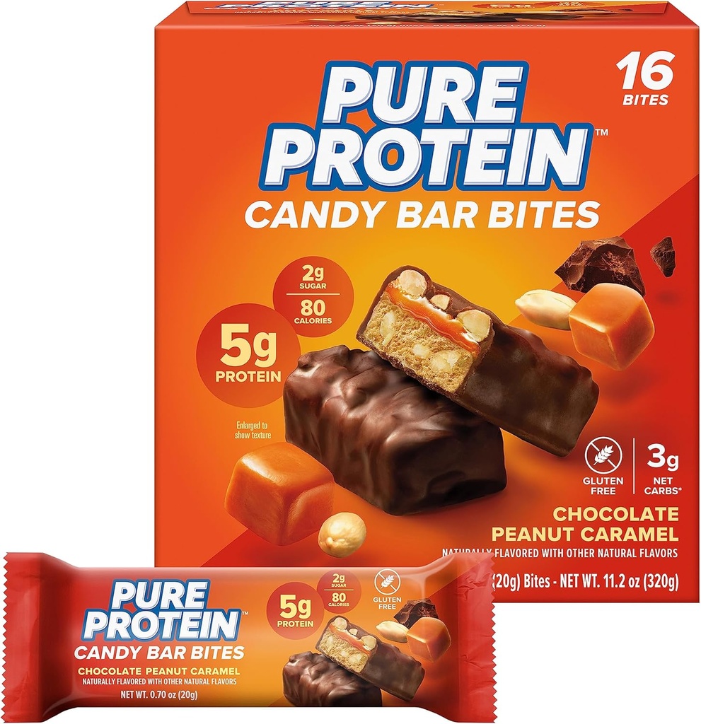Pure Protein Candy Bar Bites, Chocolate Amendoim Caramel, 5g Protein, Gluten Free, Low Sugar, 0,70 oz, 16 Pack (Pacote de Vary Maio)