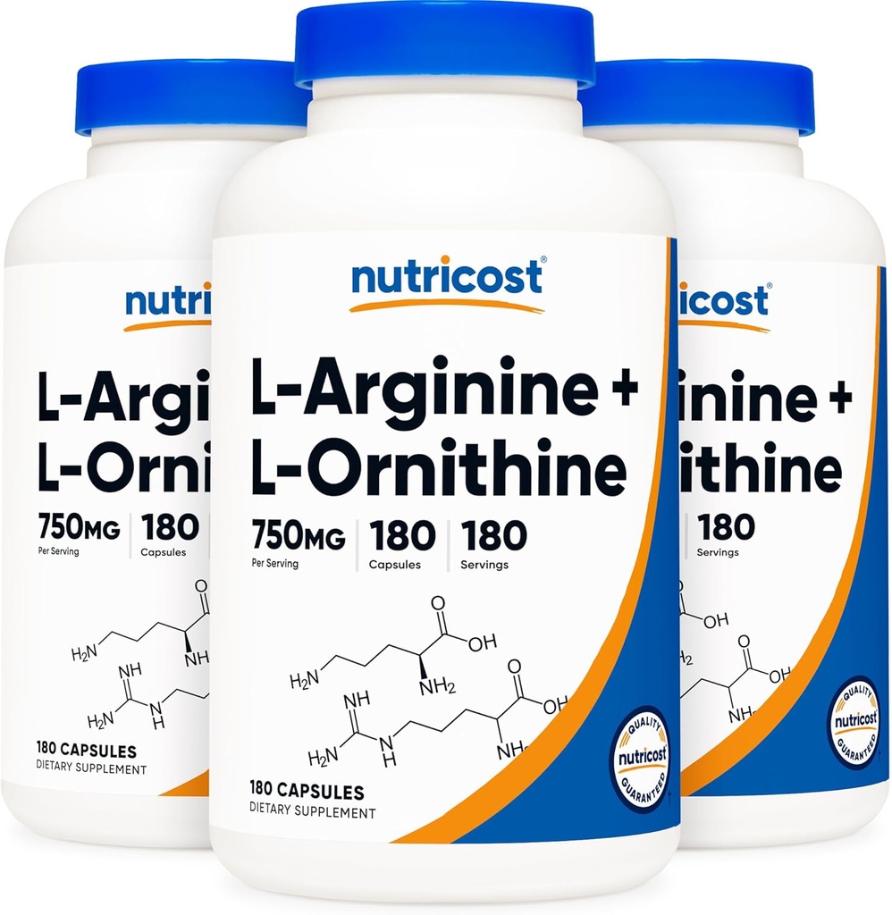 Nutricost L-Arginina L-Ornitina 750mg; 180 Cápsulas (3 frascos)