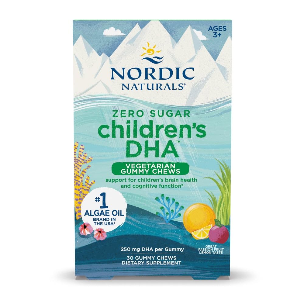 Naturals nórdicos zero açúcar crianças DHA chiclete vegetariano mastiga - paixão frutas limão sabor - 30 chicletes - Vegan Algae Oil Omega-3 Suplemento para crianças Cérebro & Cognição Suporte - 30 Servings