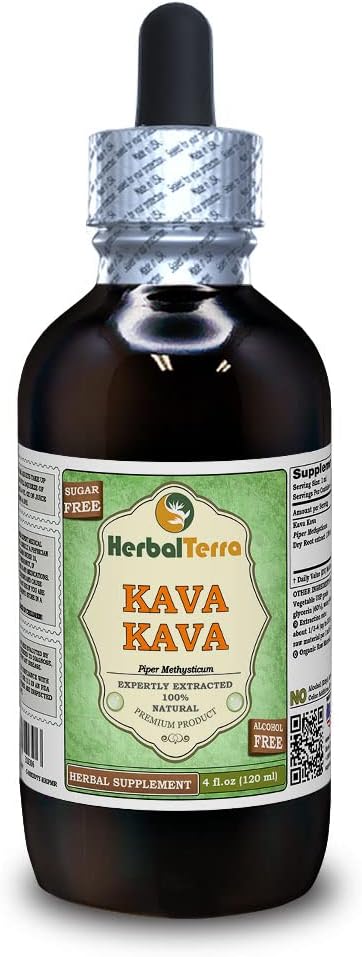 Kava Kava (Piper Methysticum) Glicerite, Extrato Líquido sem álcool (Nome da marca: HerbalTerra, Feito orgulhosamente nos EUA) 4 fl.oz (120 ml)