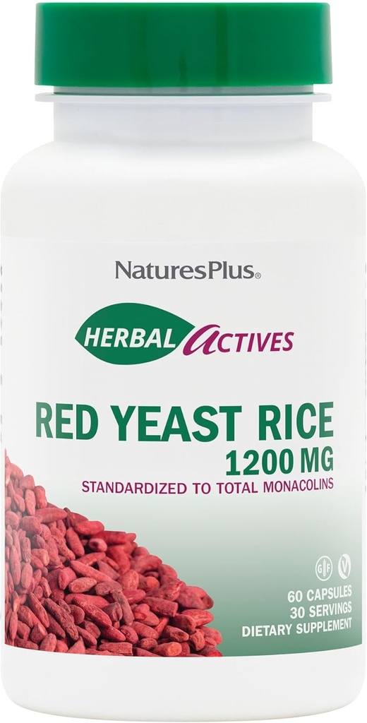 NaturesPlus Herbal Actives Red Levedura Arroz 1200 mg - 60 Cápsulas - Não-GMO, Vegan, Gluten Free - 30 Servings