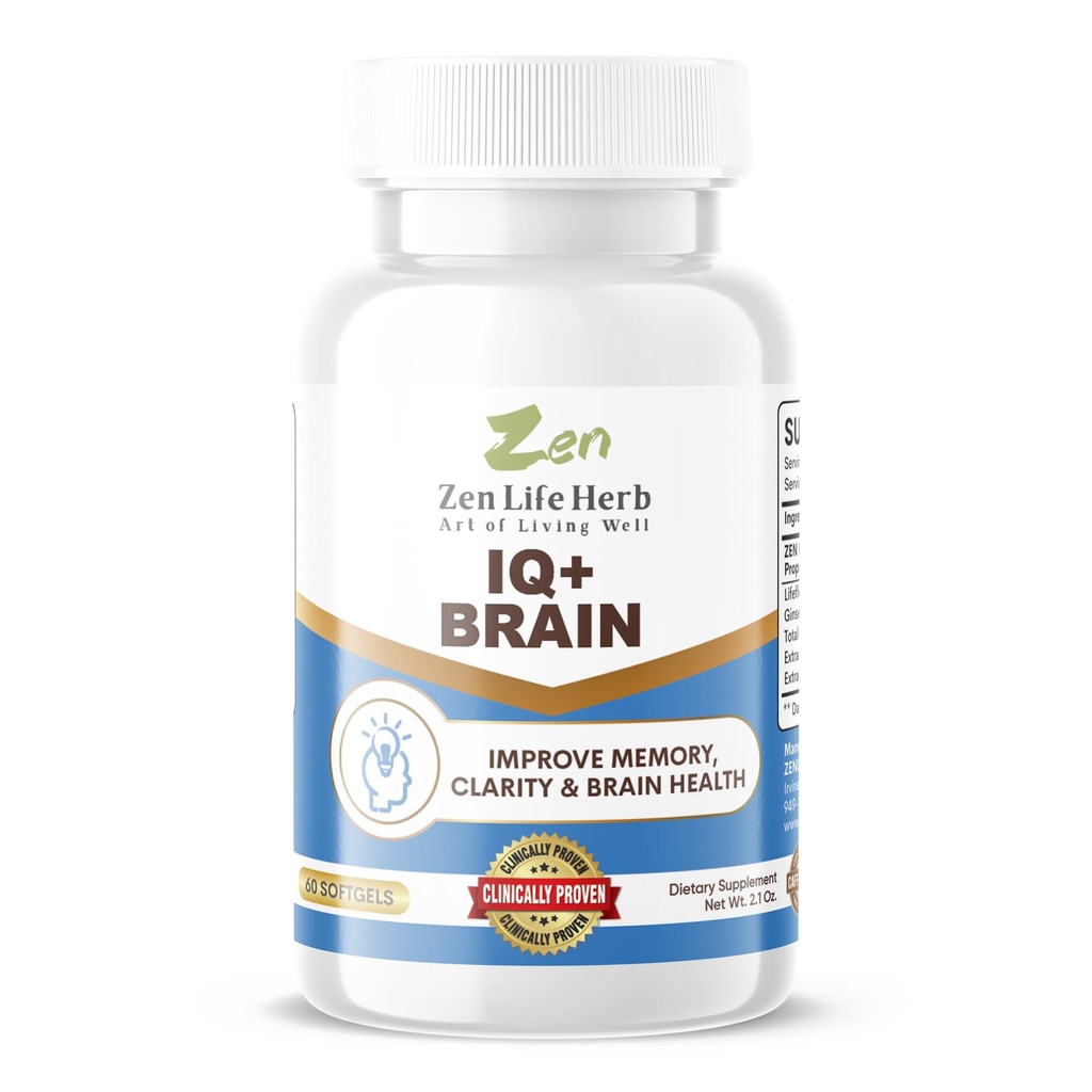 ZEN LIFE HERB IQ+ Cérebro - Livre de cafeína, Clinicamente Testado Foco, Concentração, Memória e Energia, Suplemento de ervas baseada em plantas naturais, Sem adição de vitaminas / minerais / cogumelos / açúcar (60 Softgels)