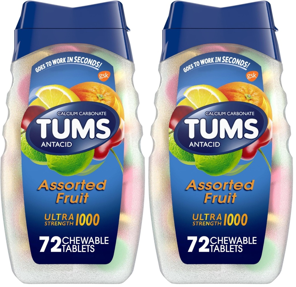 TUMS comprimidos antiácido mastigáveis para alívio da azia, Ultra força, frutas variadas, 72 comprimidos (Pacote de 2)