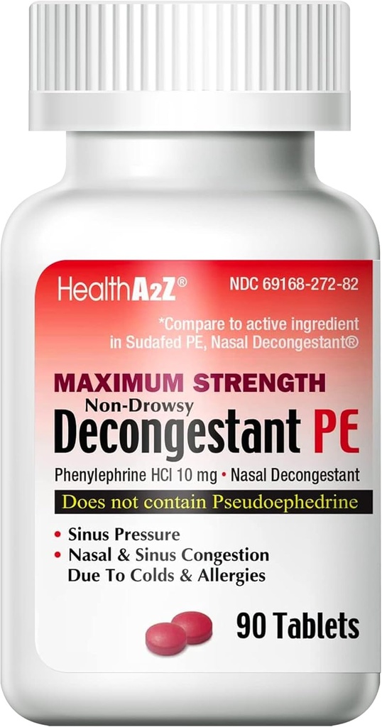 HealthA2Z® Descongestionante PE – Phinelephrine HCl 10 mg – Força Máxima – Não-Drowsy Nasal & Sinus Congestion Alief Devido ao frio e alergias (90 Count of 1))