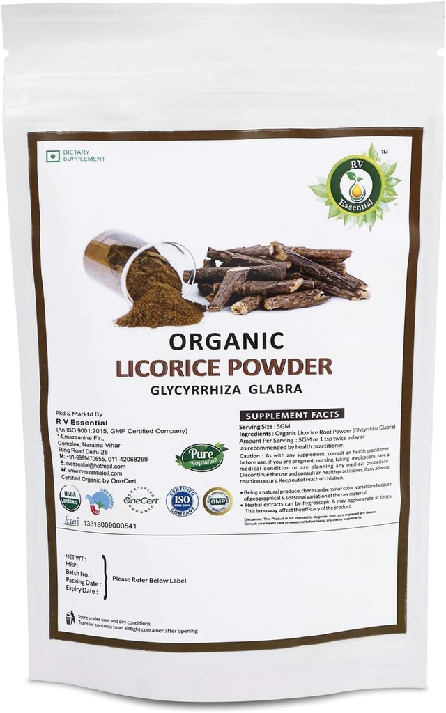 R V Pó de Alcaçuz Orgânico Essencial 200gm/ 7, 05 oz/ 0, 44 lb Glycyrrhiza Glabra Alcaçuz Raíz em pó Mulethi Pó Yastimadu Em pó Alcaçuz em pó USDA Orgânico certificado Suplemento em Zip Lock Pouch