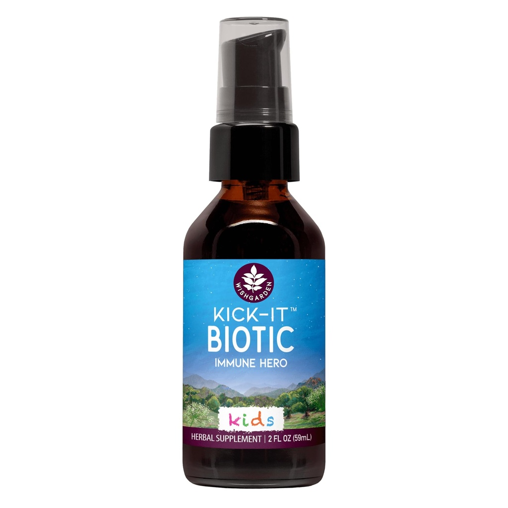 WishGarden Herbs Kick-It Biotic Immune Hero for Kids - Fórmula biológica herbal baseada em plantas com Usnea Lichen & Echinacea, Suporta Imune saudável e função do sistema respiratório, Imune Booster, 2 onças