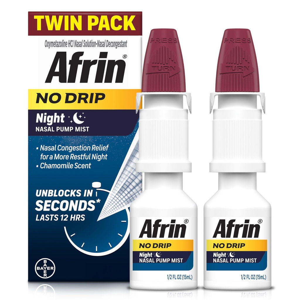 AFRIN No Drip Night Nasal Mist Twin Pack, Não-Drowsy, Descongestionante de ação rápida para dormir descansado com Camomila Scent, Adultos e Crianças 6 e mais velhos, .5 fl oz (Pack of 2)