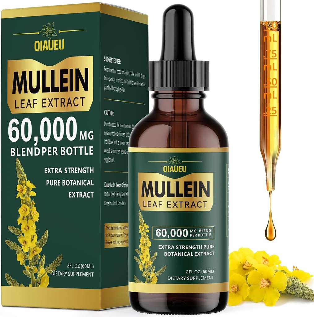 Mullein Drops orgânicos para pulmões, Mullein Folha de Tintura Suporte Lung Cleanse, Extrato Líquido Suplemento Natural para Detox Pulmão e Saúde Respiratória, Vegan, 2 fl oz