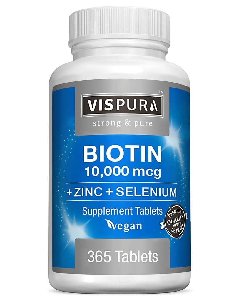 Biotin 10000 mcg + Zinco + Selênio, Puro, Vegan & Extra forte, Melhor suplemento para o crescimento do cabelo, Pele brilhante, unhas fortes*, 365 comprimidos para 12 meses, Natural sem aditivos