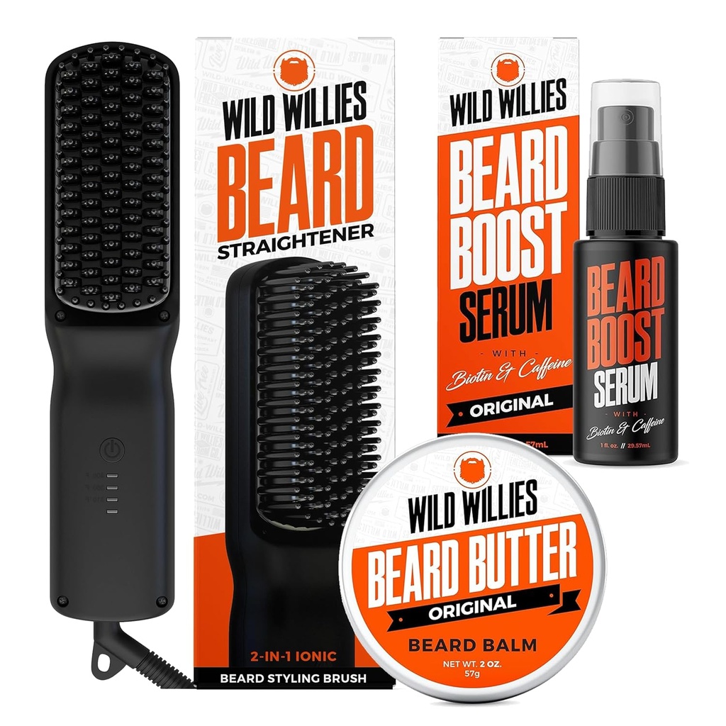 Wild Willies Beard Care Kit: Alisador de barba aquecido para homens, manteiga de barba, & soro de crescimento de barba - Conjunto de ferramentas de grooming Ultimate, bálsamo de barba, soro hidratante, escova de barba quente para uso diário