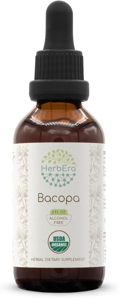 HerbEra Bacopa B60 USDA Tintura Orgânica Extrato Livre de Álcool, Gotas de Ervas de Alta Potência, Relaxamento, Efeito Cognitivo Positivo