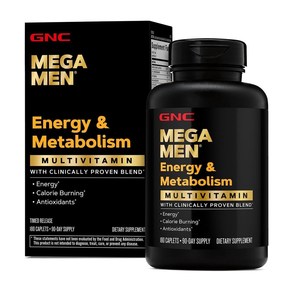 GNC Mega Homens Energia & Metabolismo Caplets multivitamínicos, clinicamente provados para se sentir melhor, caloria queimar, foco, 100mg de cafeína, termogênico, imune, vitaminas B, liberação cronometrada, 180 contagem, 90 dias de fornecimento