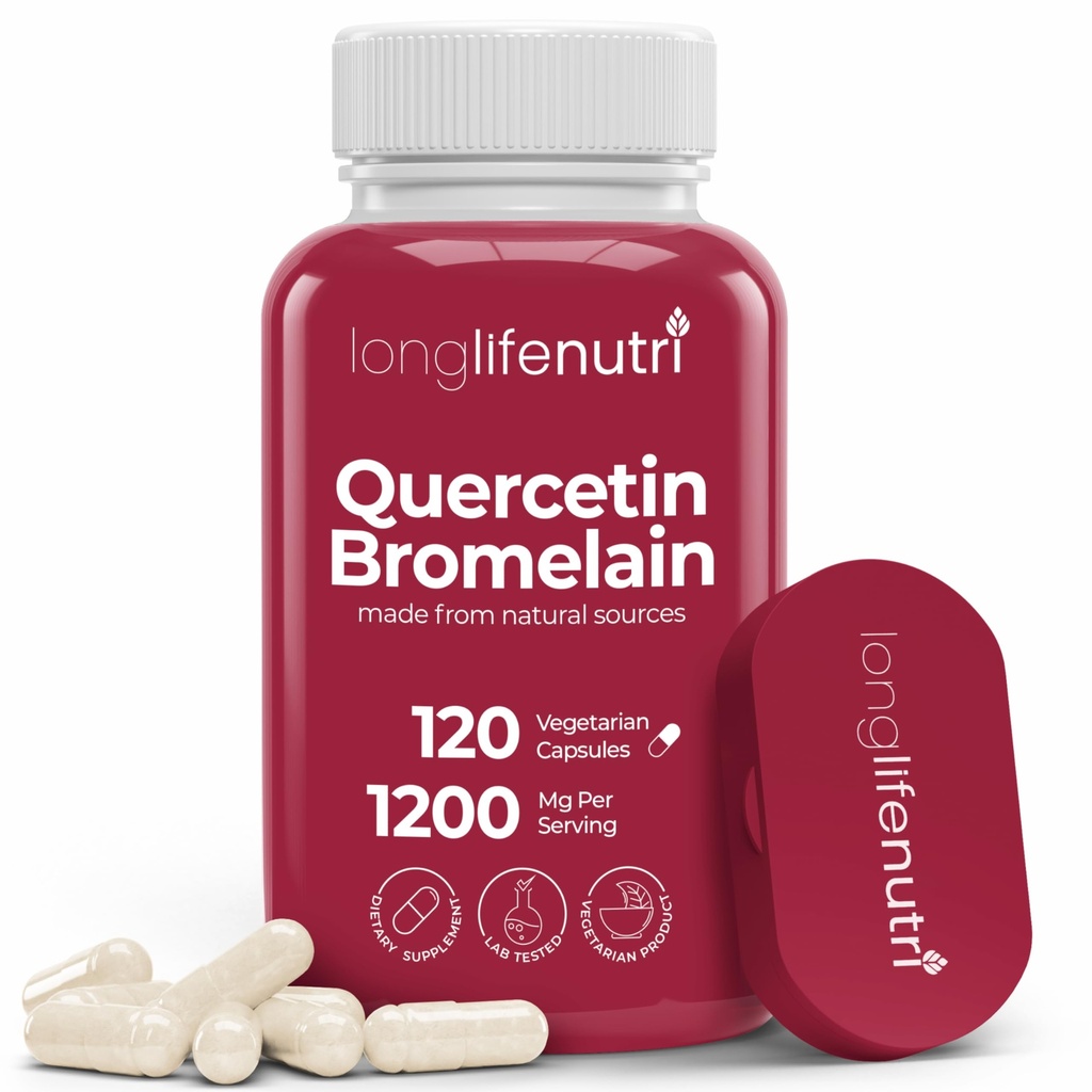 LongLifeNutri Quercetin 1000mg com Bromelain 200mg - 120 Cápsulas Vegetarianas, Complexo Orgânico Di-Hidratado para Mobilidade Conjunta e Balanço Respiratório, Fornecimento de 2 meses, Certificado GMP, Made in USA