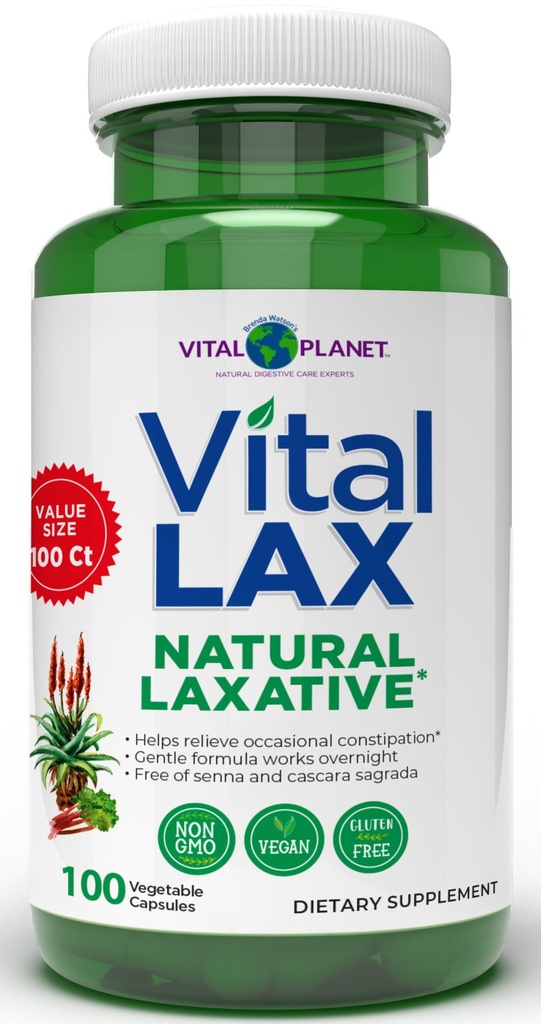 Vital Planet - Vital Lax Natural Laxative Cleanse Supplement for Occasional Obstipation, with Magnesium Hydroxide, Slippery Elm, Aloe, and Triphala to Support Bowel Regularity 100 Cápsulas