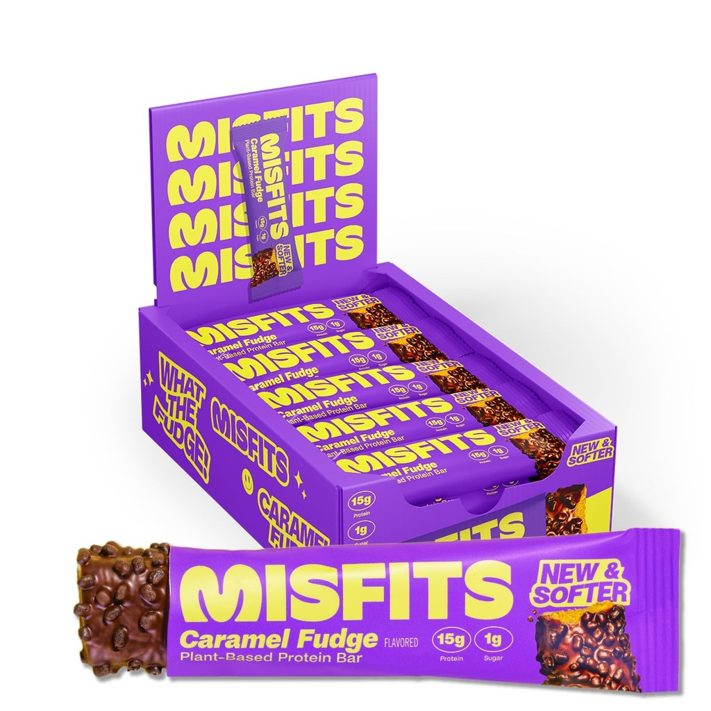 Misfits Vegan Protein Bars, Caramel Fudge - Receitas atualizadas - Planta com base, Baixo açúcar e carboidratos, Snacks de alta fibra de 15
