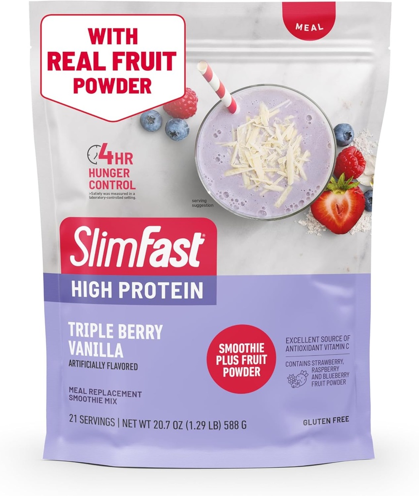 SlimFast High Protein Smoothie Mix Plus Fruit Powder, High Protein Replacement Powder, Fibra, Vitamina C, 21 Servings, 1,29 Libras, Baunilha de Berry Triplo (Pacote de Vary Maio)