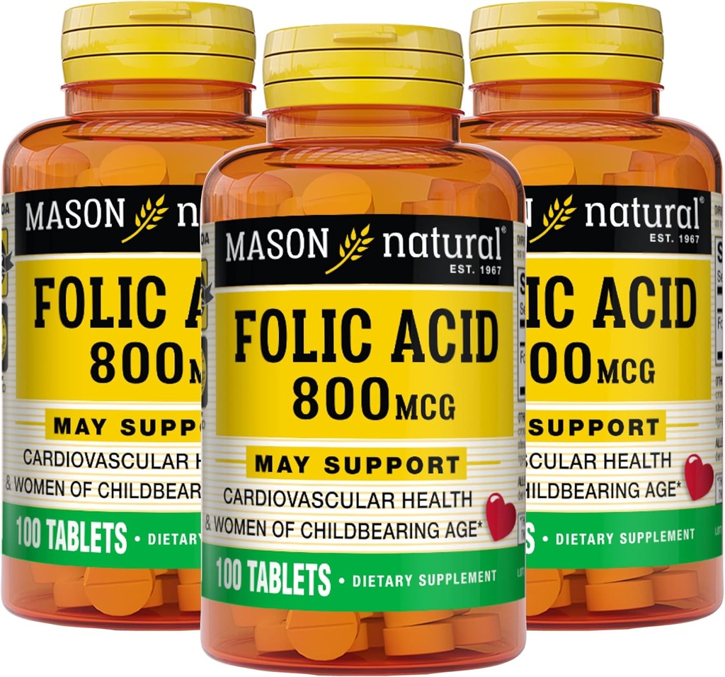 MASON NATURAL Ácido Fólico 800 mcg - Ajuda a função do sistema nervoso, Suplemento diário para a saúde, humor e pré-natal, para as mulheres em idade fértil, 100 comprimidos (Pacote de 3)