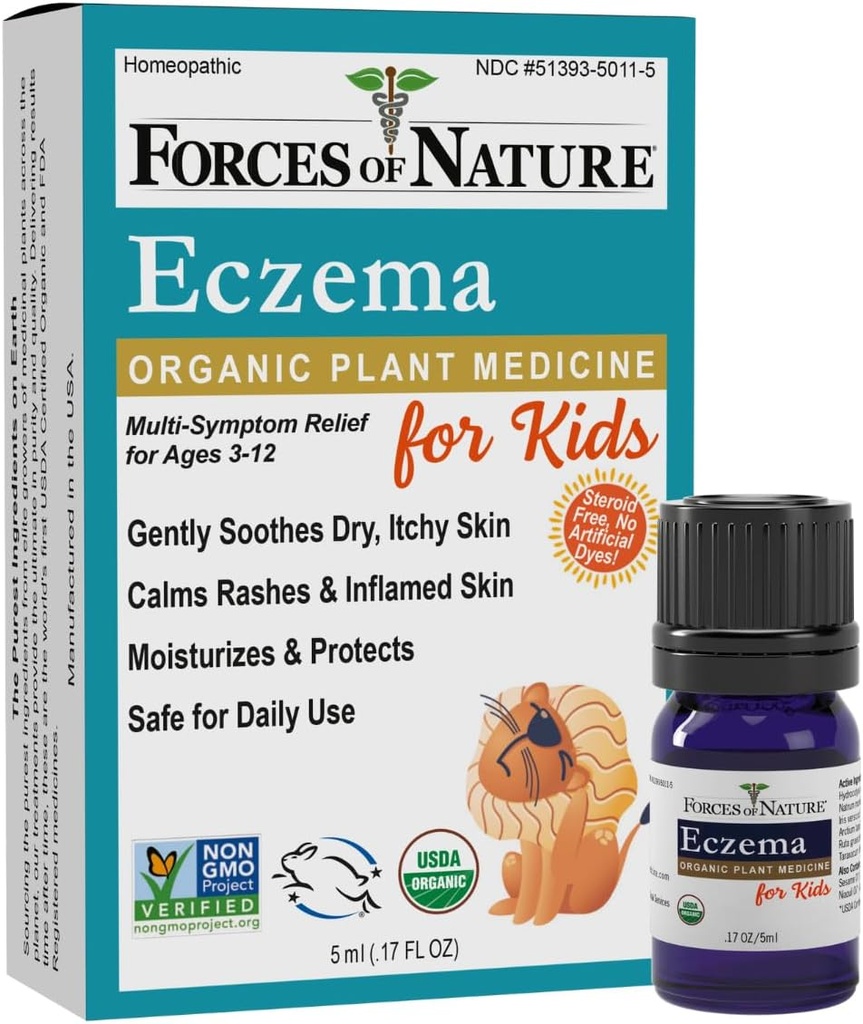 Forças da natureza Eczema Controle para crianças, sensível, seco e comichão alívio da pele, cuidado da pele livre de esteróides para flare-ups, tratamento de Eczema para crianças, medicina homeopática orgânica, ação rápida, 0.17 FL OZ