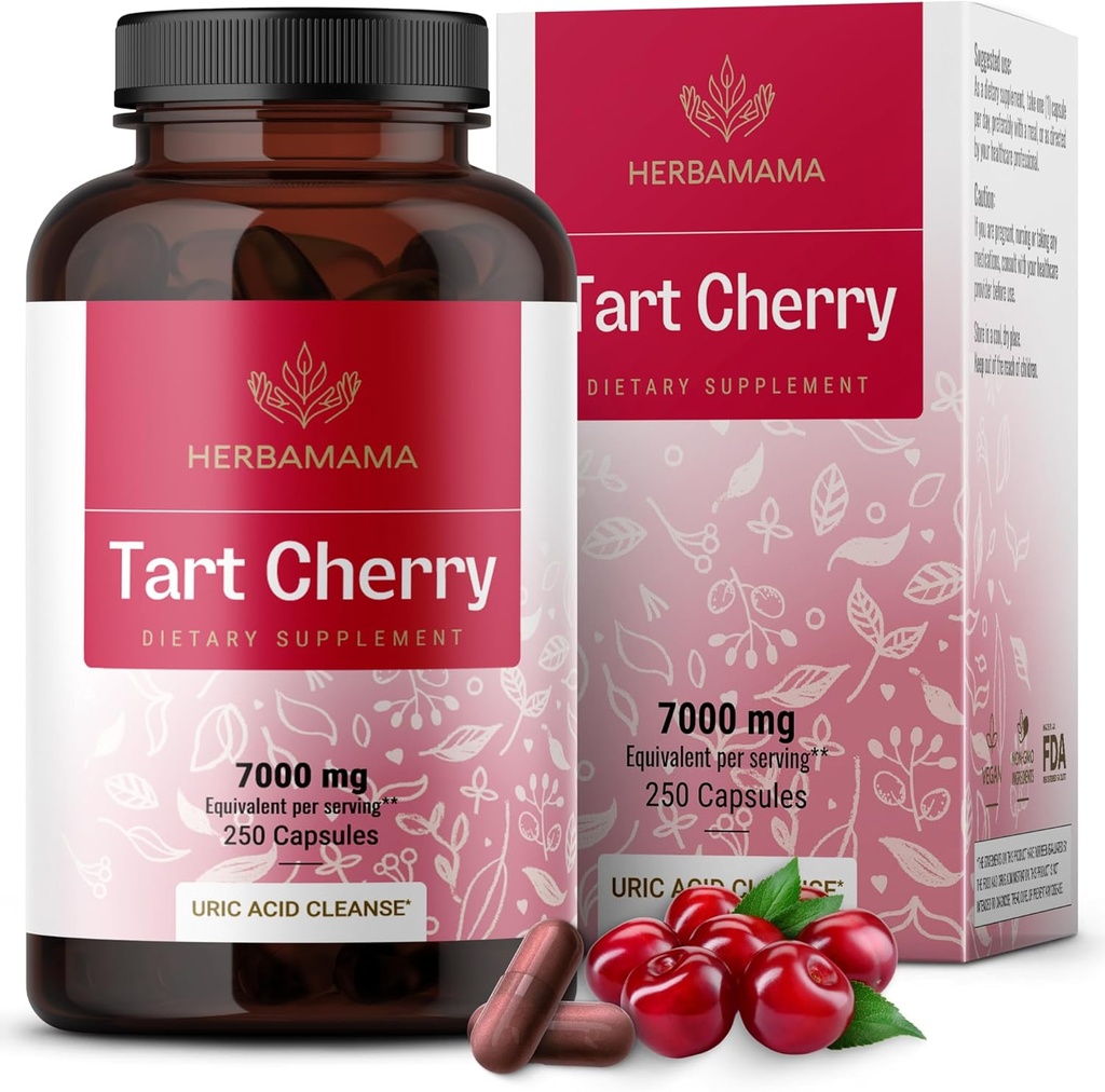 Herbamama Tart Cherry Extract Cápsulas - Tart Cherry Extract para suporte de ácido úrico - Vegan, suplemento antioxidante não-GMO