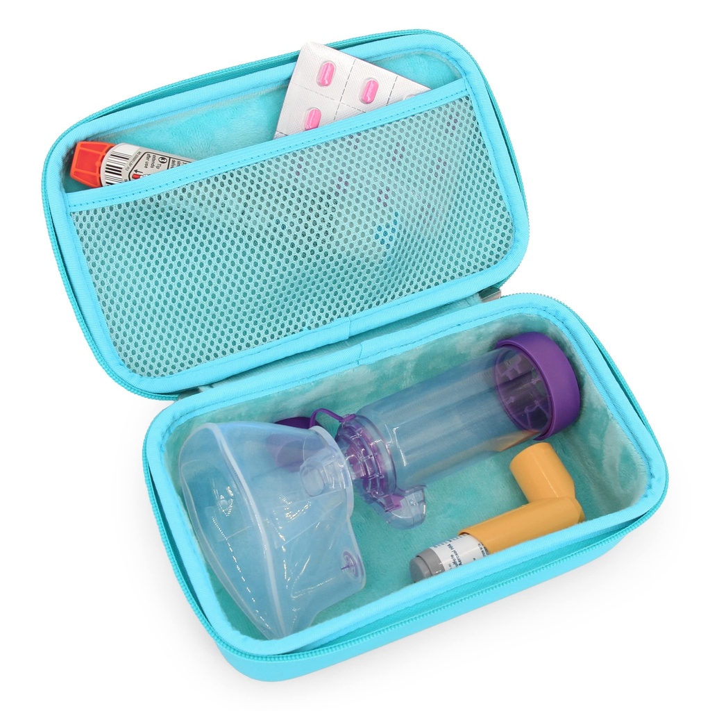 CASEMATIX Asma Inhaler caso para viagem se encaixa asma inhaler espaçador com máscara anexada, suporte inhaler e acessórios adicionais usados com espaçador para inhaler, inclui turquesa Asma caso apenas
