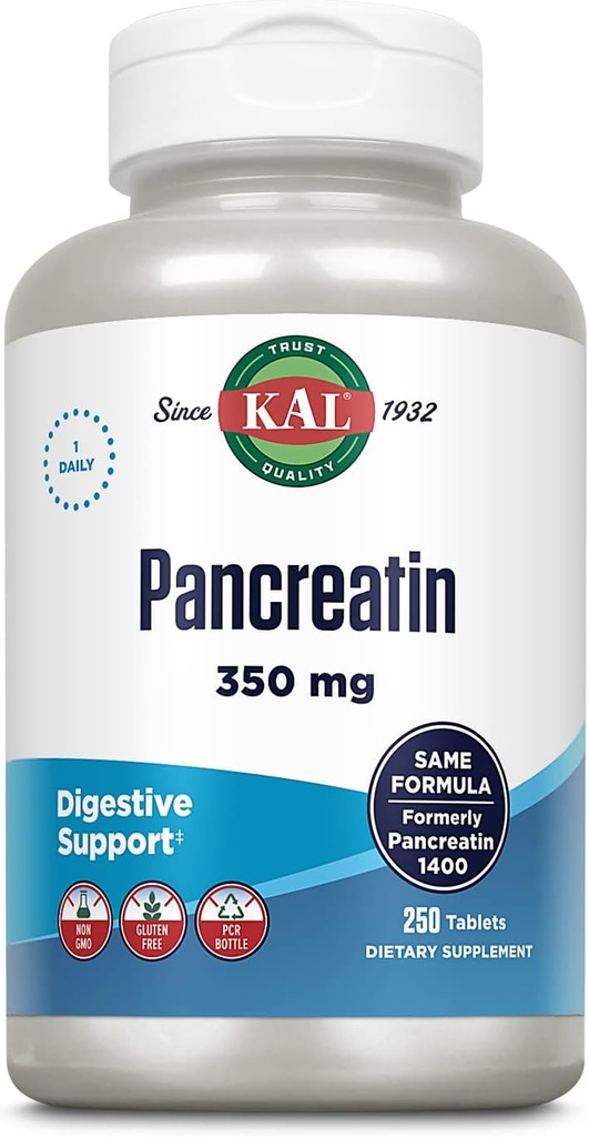 KAL Pancreatin 350mg, Enzimas Digestivas para Mulheres e Homens, Enzimas Pancreáticas para Apoio Digestivo à Saúde, Glúten Livre, Não-GMO, Desintegração Rápida, 60-Dia Garantia, 250 Servões, 250 Comprimidos