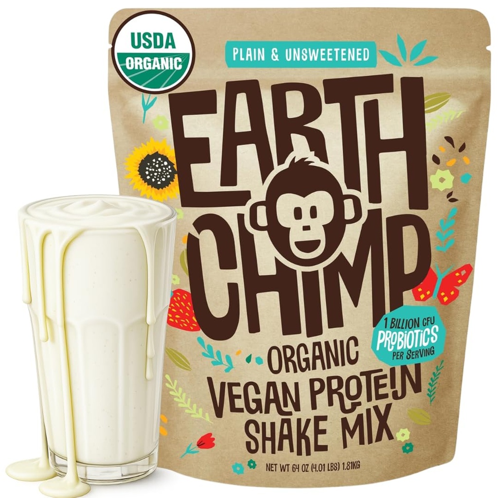 TerraChimp Orgânico Vegan Protein Powder - com Probióticos - Não OGM, Leite Livre, Não Whey, Planta Based Protein Powder for Women and Men, Gluten Free - 52 Servings, 64 Oz (Plain & Undoced)