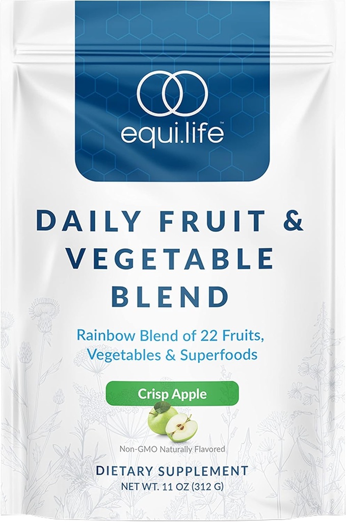 Equilife Mistura diária de frutas e vegetais, Suplemento antioxidante superalimentar, Crisp sabor maçã com vitamina C, Fibra, e 9 Aminoácidos Essenciais, Suporta energia, Baixo açúcar, Vegan, 30 Servings