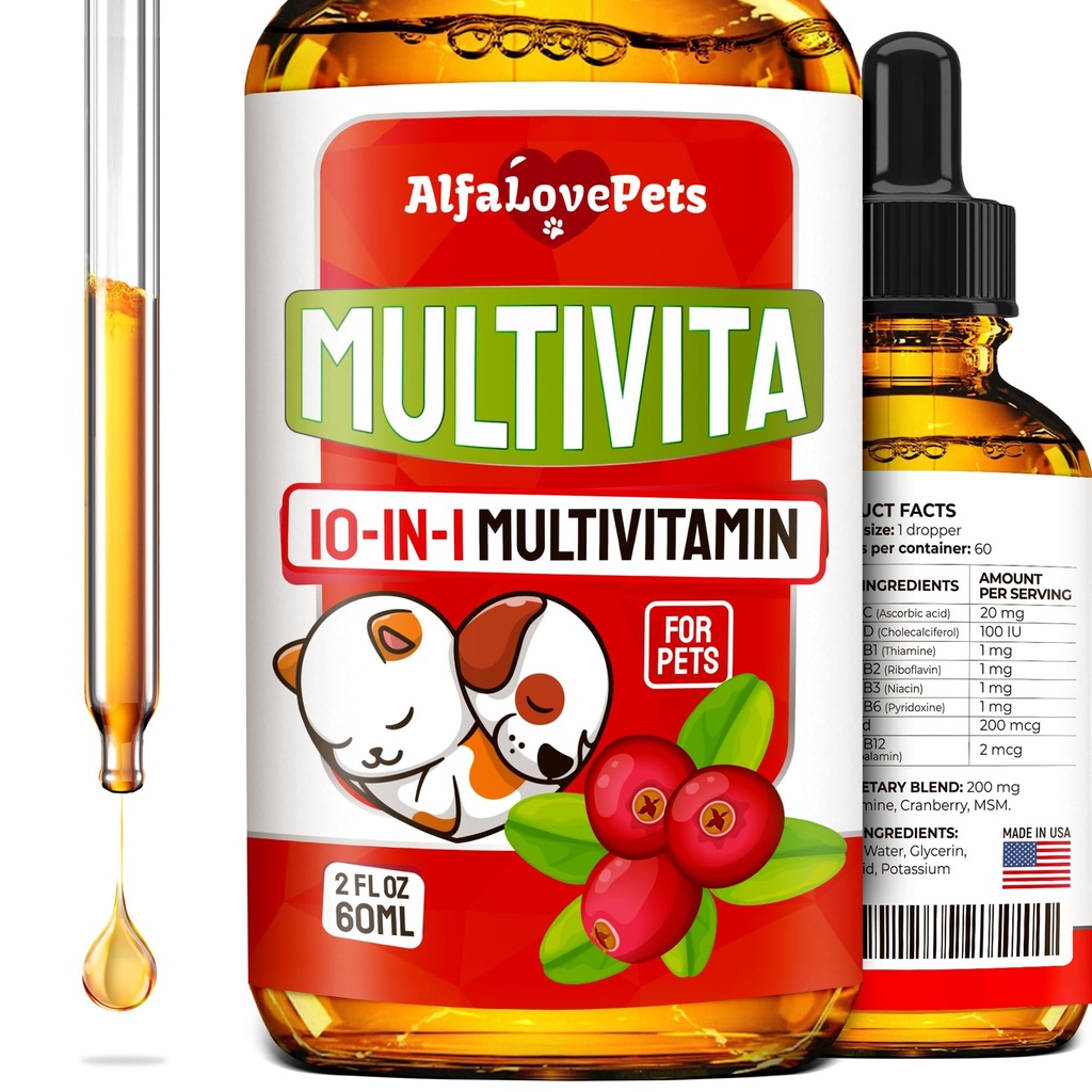 Multivitamínico líquido para cães – Multivitamínicos de gato para gatos internos – 10-em-1 Vitaminas de cão líquido Complexo B, C, D3 – Digestão, Urinação, Hip & Joint, Pele & Revestimento – Cranberry Flavor – 2 Oz