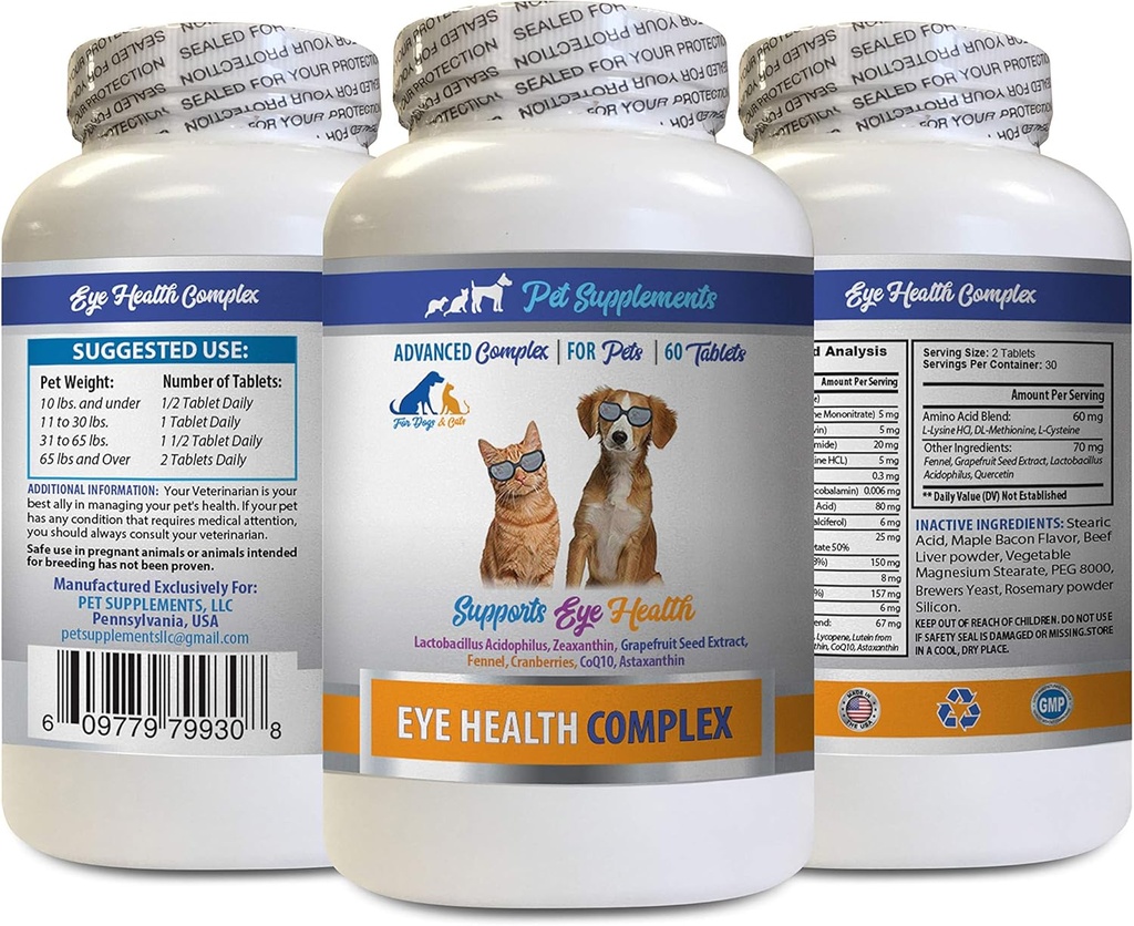 Vitaminas Oculares Dog - Complexo de Saúde Ocular PET - Cães e Gatos - Suporta Visão Ocular - astaxantina para Cães, Suplemento de Visão Ocular para Cães e Gatos, Saúde Ocular Vitaminas Lutein e zeaxantina 1Bot 60Tabs