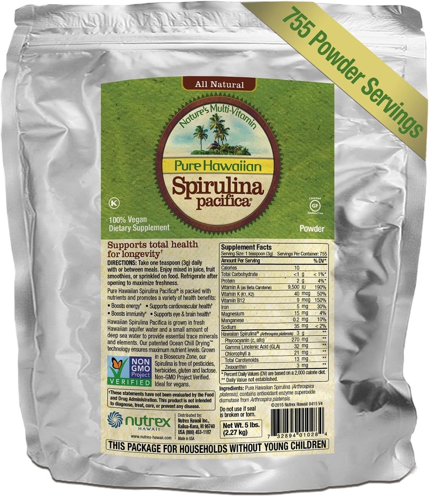 Puro espirulina havaiana pó 5 lb saco em massa – aumenta a energia e apoia imunidade – Vegan, Não OGM – Superalimento natural crescido no Havaí