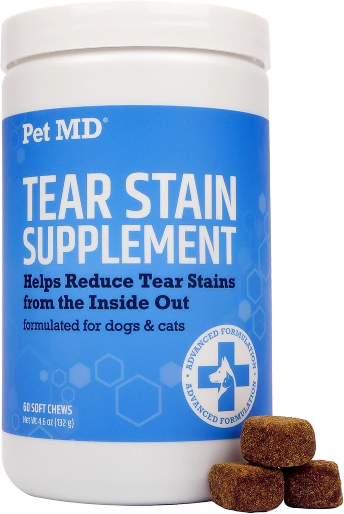 Pet MD Tear Stain Removedor para cães e gatos - Antioxidante Olho Cuidado Suplemento com Lutein, Cranberry, & Omega 3 & 6 - Gato e cão Tear Sabor Mastigador para peles brancas e leves - 60 CT