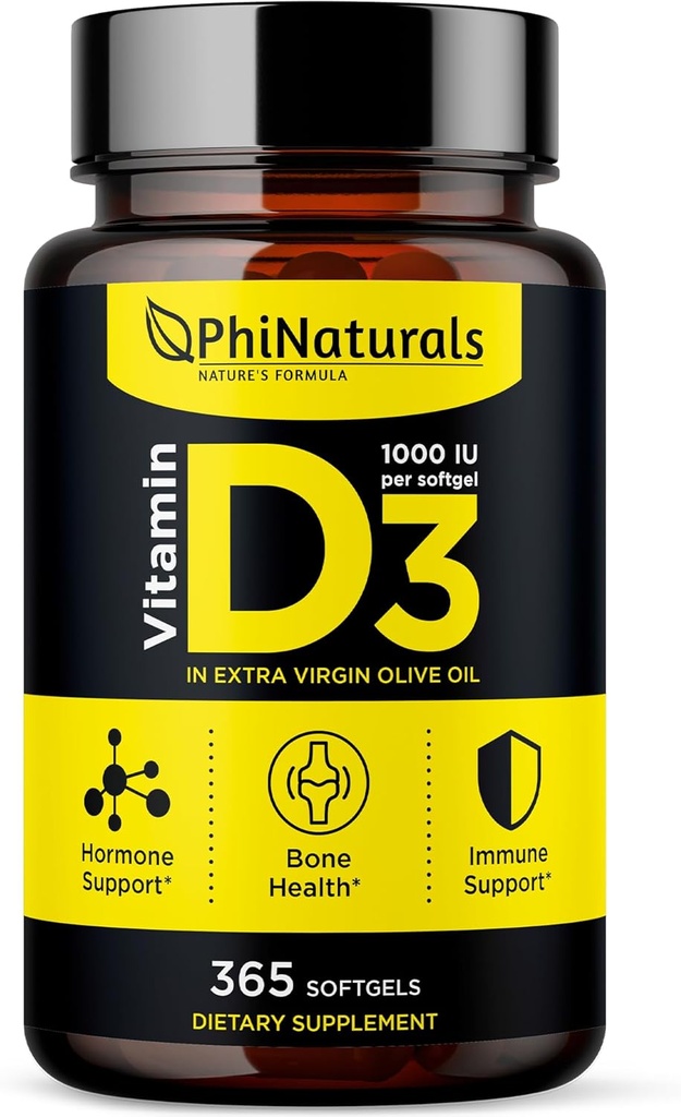 PhiNaturals Vitamina D3 1000iu Softgels Suplemento Base de Azeite 365 Gel Caps Um ano de fornecimento de VIT D, Vitamina D 3 1000 iu