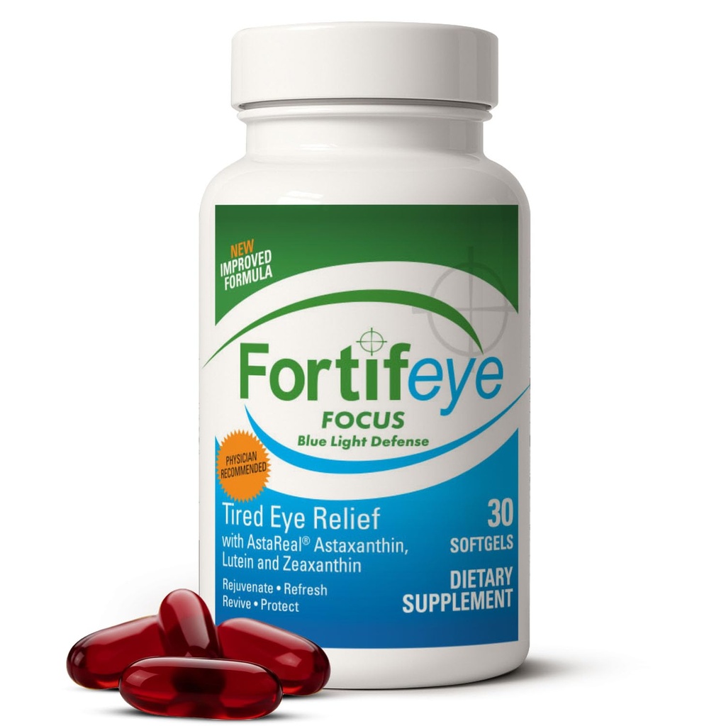 Fortifeye Focus Eye Care Supplement 30 Cápsulas de Softgel - Carotenóide Triplo Incluindo Astaxantina, Lutein, e Zeaxantina Suplementos, Vitaminas Oculares, Suporta Fadiga Olhos e Proteção Luz Azul