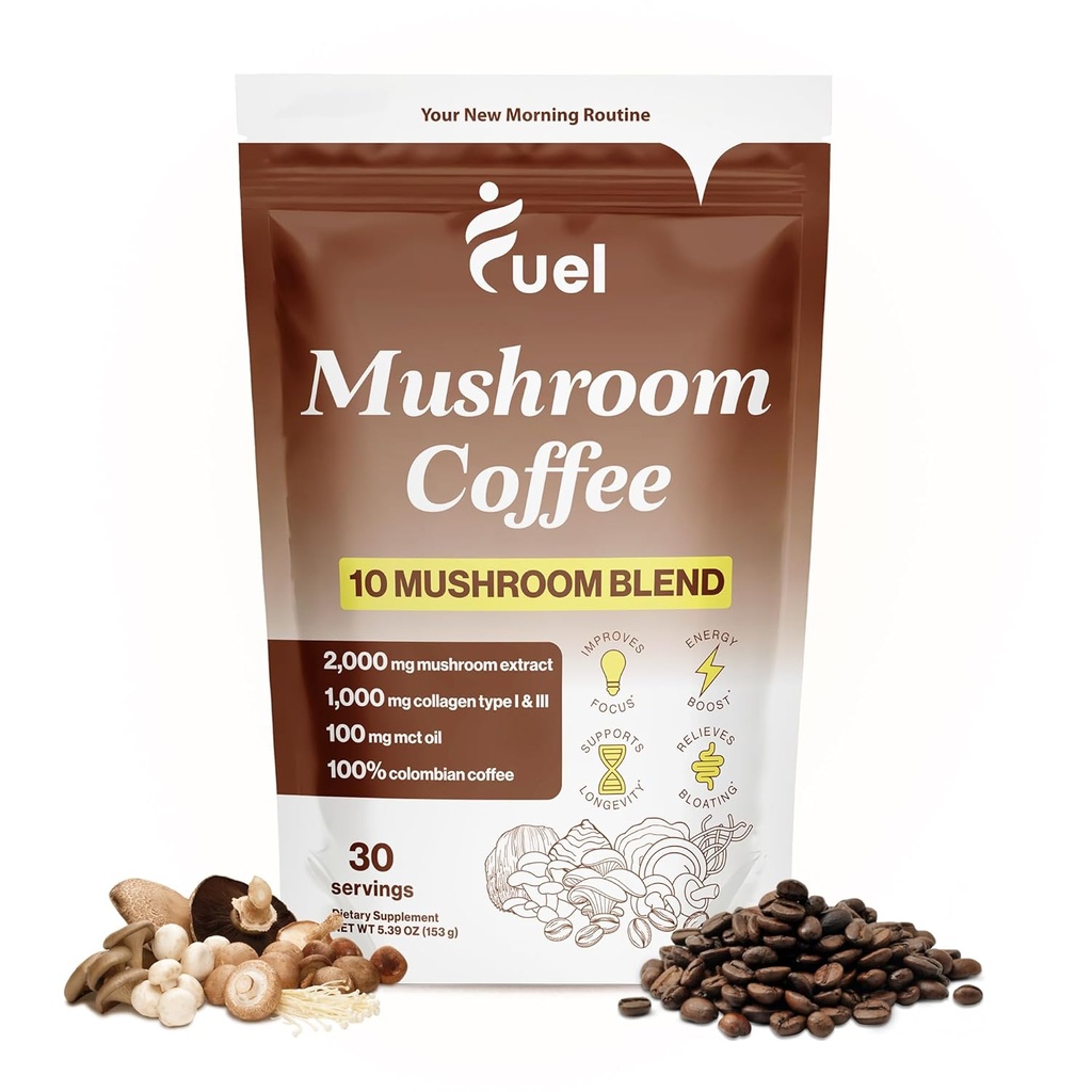 Fuel Brain Boost Mushroom Café Nutrição, mistura orgânica para a saúde gut, Pó de Mane Leão, Chaga & Cogumelo em pó de cafeína baixa café instantâneo, Nootropics Beber, 30 Servings