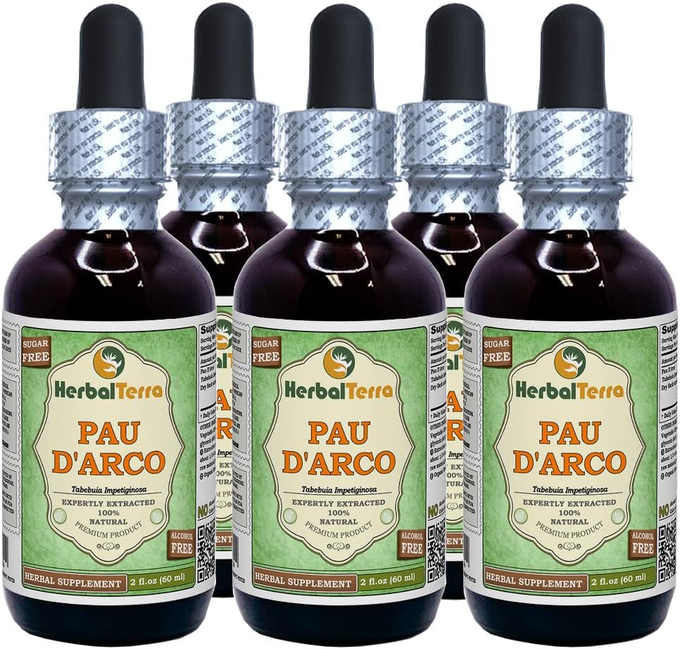 PAU d'arco (Tabebuia Impetiginosa) Glicerita, Extrato Líquido Sem Álcool (Nome: HerbalTerra, Proudly Made in USA) 5x2 fl.oz (5x60 ml)