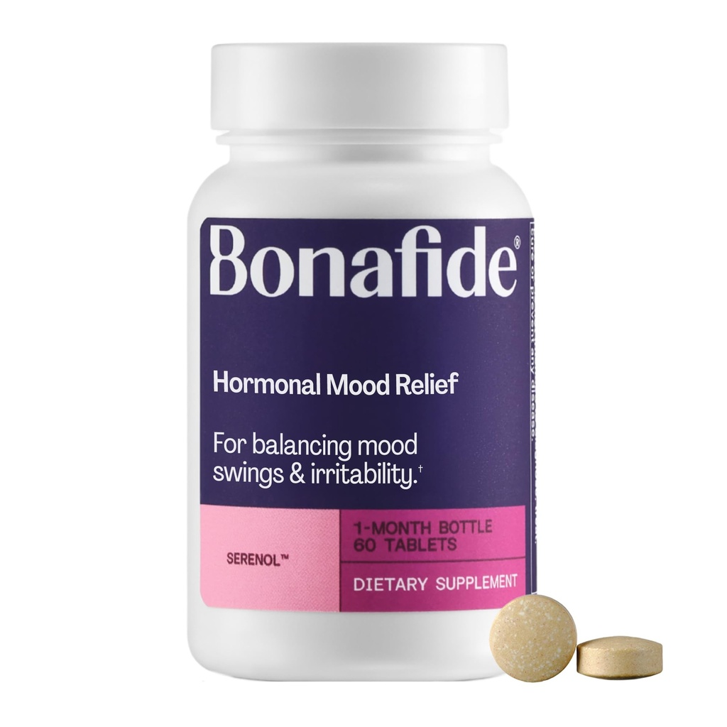 Serenol de Bonafide. Alívio de Hormonal Mood Swings, Irritability, & PMS Bloating. — 1-Month Supply (60 Comprimidos)