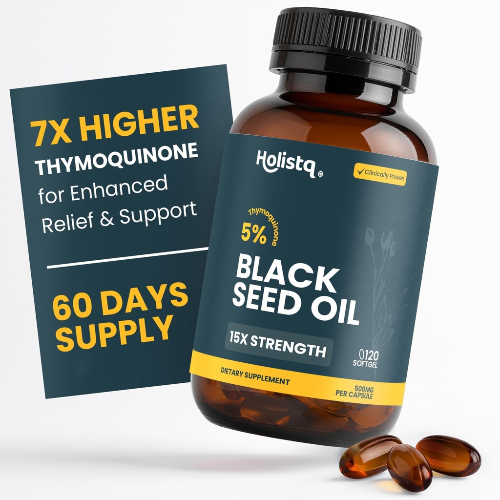 Holistiq Black Seed Oil Orgânico Cold Pressed Cápsulas - 5% de Thymoquinone - Não-GMO e Vegan - Nigella Sativa Black Cumin Seed Oil, Omega 3 6 9 Apoio Imunidade para Adultos - 120 Softgels, 2 meses de fornecimento