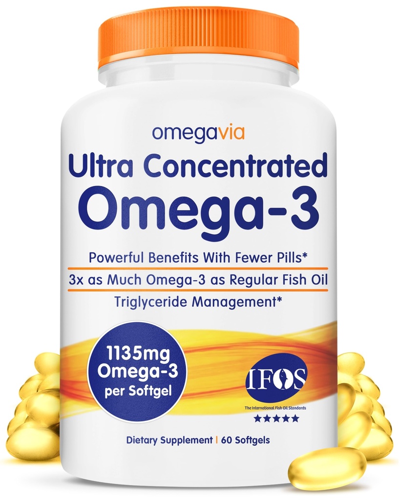 OmegaVia ultra concentrado Omega 3 óleo de peixe arrotado, 60 Softgels, Tripla força Omega 3 suplementos de óleo de peixe, 1135 mg puro Omega3, Sem arrotos de peixe, alta EPA DHA DPA, IFOS 5-Star