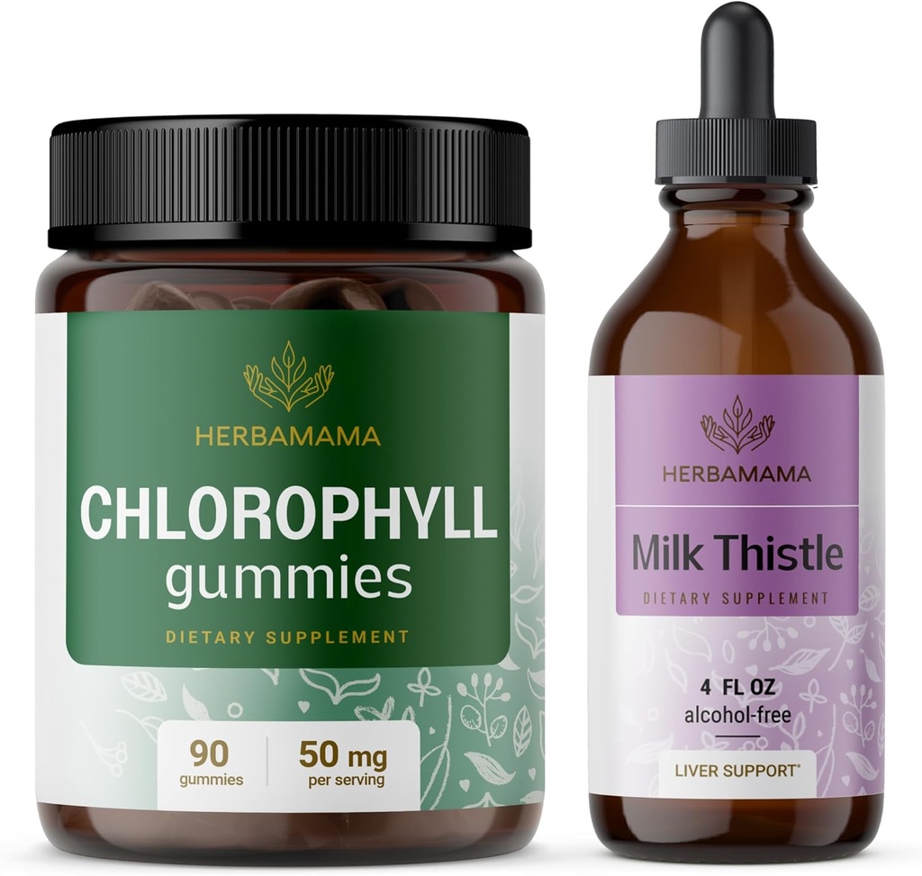 HERBAMAMA Kit de Clorofila e Cardo de Leite - Pacote de 50 mg chicletes de clorofila e extrato de cardo de leite Tintura 4 fl oz - Vegan, Não-GMO, Açúcar & Álcool - 2 Pack