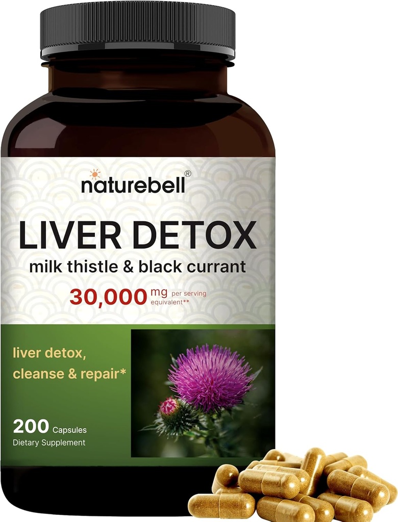 Suplementos de Detox Fígado – 200 Cápsulas com Cardo de Leite 30.000mg e Groselha Negra – Silimarina Natural Activa – Força Extra 60:1 Extrato – Herbal Cleanse & Repair Support – Não-GMO