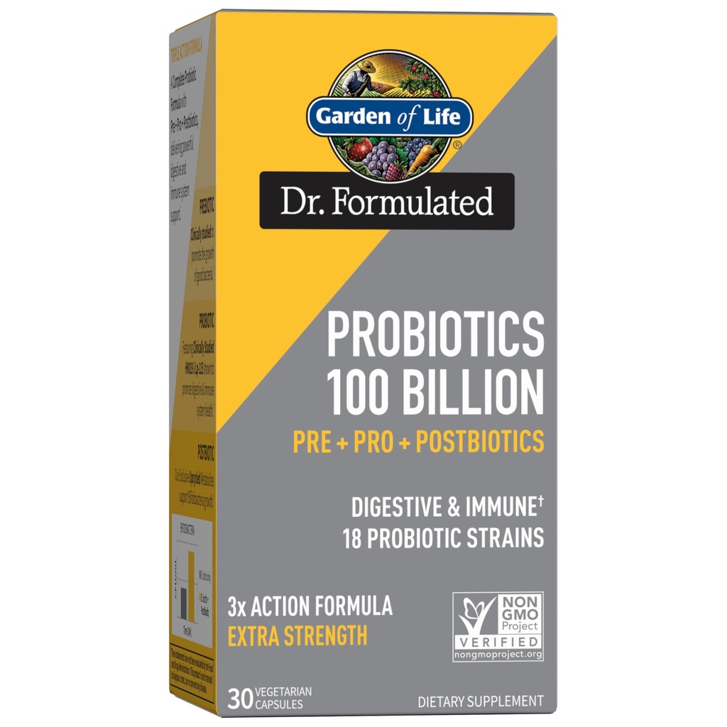 Jardim da Vida Dr Formulado Probióticos 100 bilhões UFC Pre + Pro + Postbióticos - Força extra Digestiva e Imune Suporte para homens e mulheres, Batata, Acacia, Metabolitos Postbióticos, 30 Cápsulas