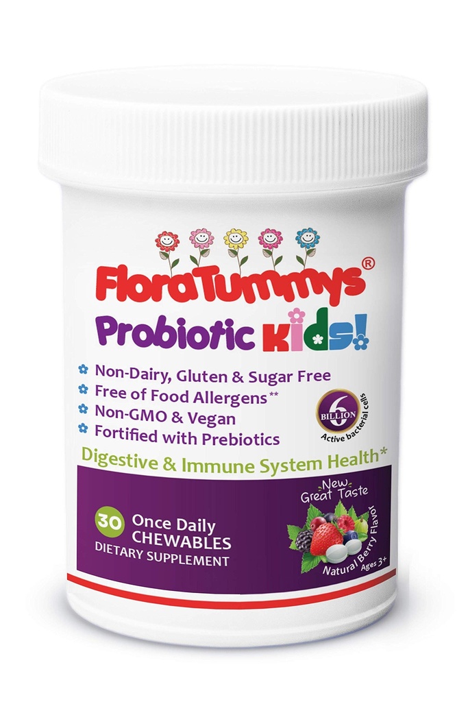 FloraTummys crianças mastigáveis prebióticos probióticos: Não-leite, Glúten e açúcar-livre, Amendoim e soja livre, Não-GMO, Testado e livre de alergens alimentares, Vegan, Kosher, Berry Flavor (1 garrafa)