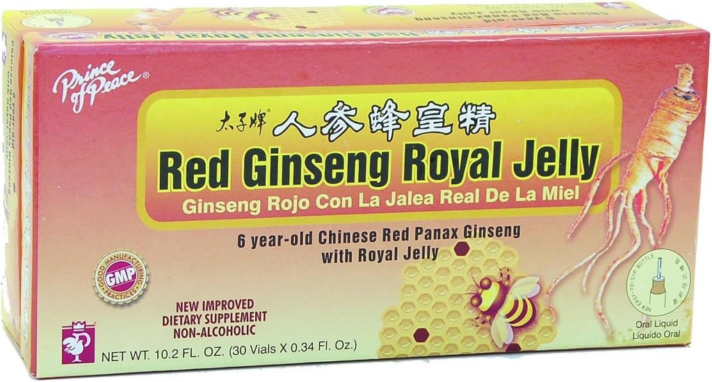 Príncipe da Paz Ginseng vermelho Royal Jelly, 10 Milliliter - 30 garrafas por embalagem - 3 pacotes por caixa.