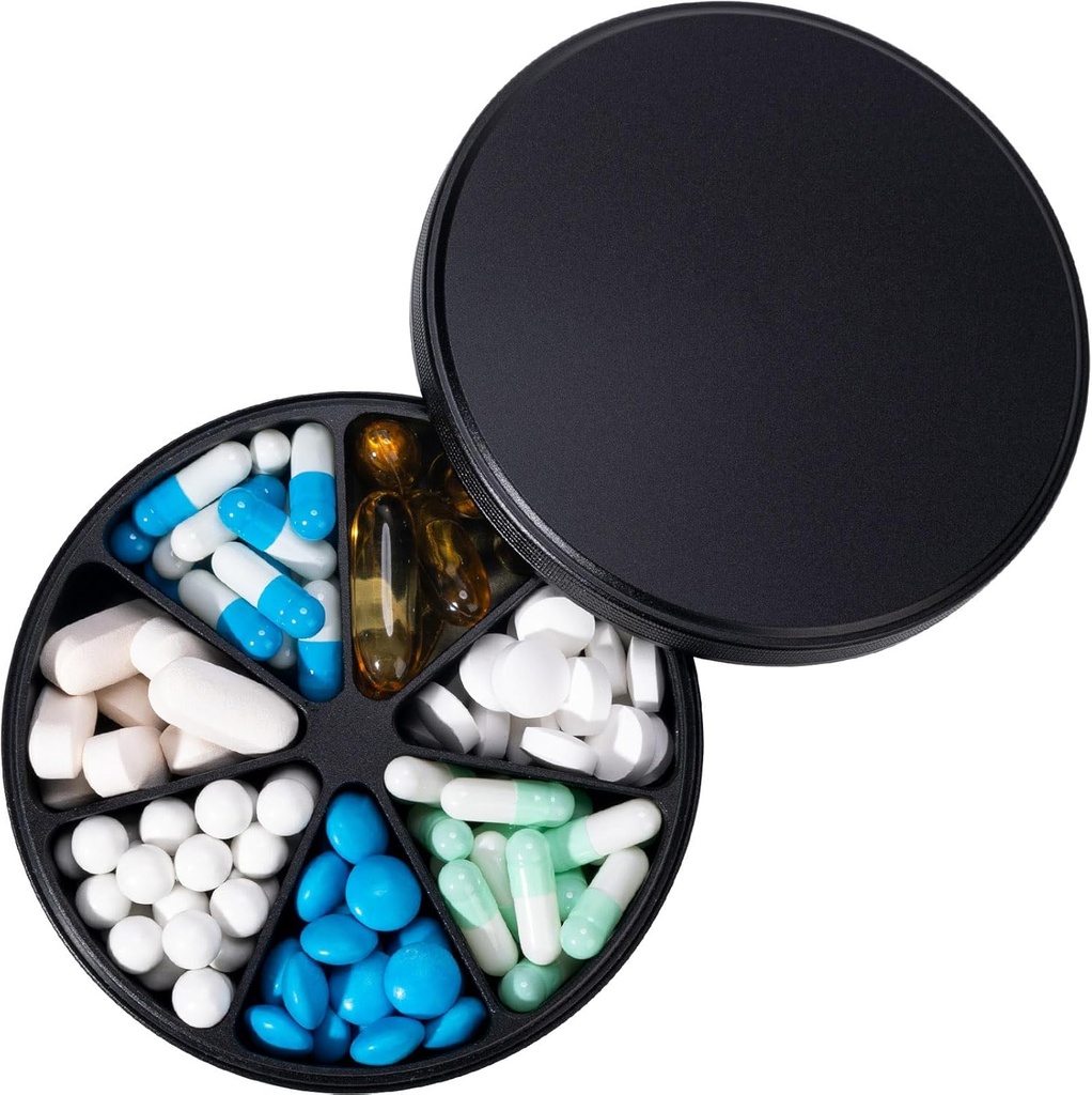 Organizador de comprimidos de comprimido de metal com 7 compartimentos - recipiente anti-Mix Pill resistente, grande impermeável caixa de pílulas diária para vitamina, medicina, suplemento, óleo de peixe, 0,39lb (preto)