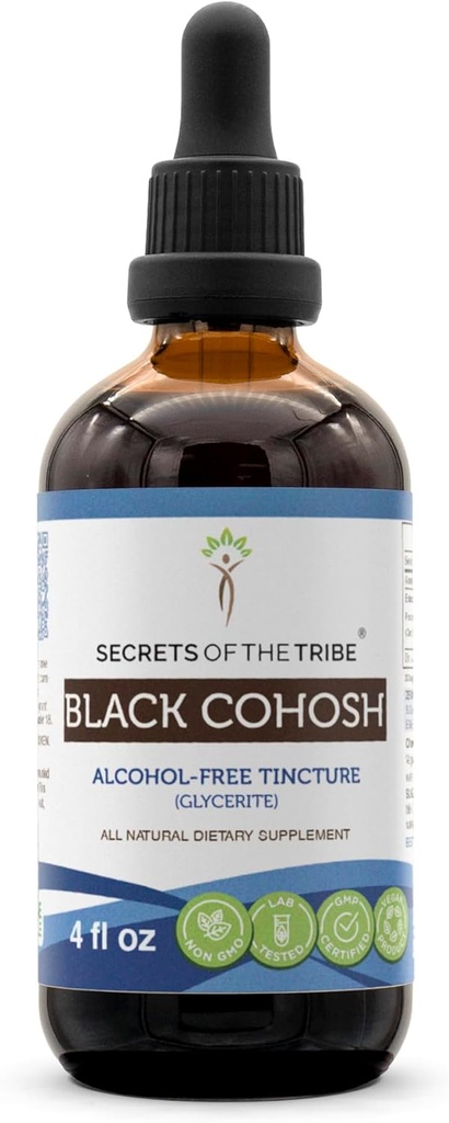 Segredos da tribo Black Cohosh Tintura Extrato sem álcool, gotas de ervas de alta potência, tintura feita de Cohosh preto de criação responsavelmente (Cimicifuga Racemosa) Racemosa seca 4 onças