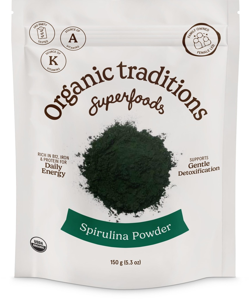Tradições orgânicas espirulina orgânica em pó Vegan Superalimento não-GMO, 5,3 oz (150g) Bolsa, 50 Servings por saco