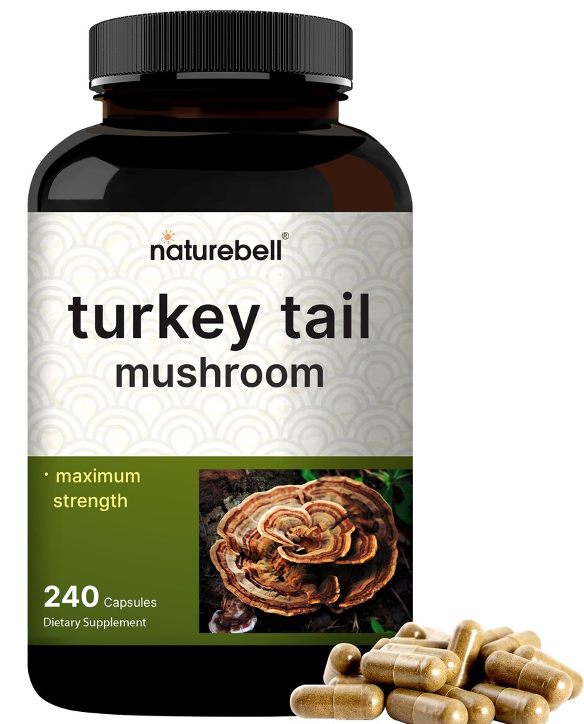 NatureBell Turkey Tail Mushroom Cápsulas 15,000mg por serviço, 240 Count □ 25:1 Fruiting Body & Mycelium Extract – Imune & Brain Health Mushrooms Supplement.