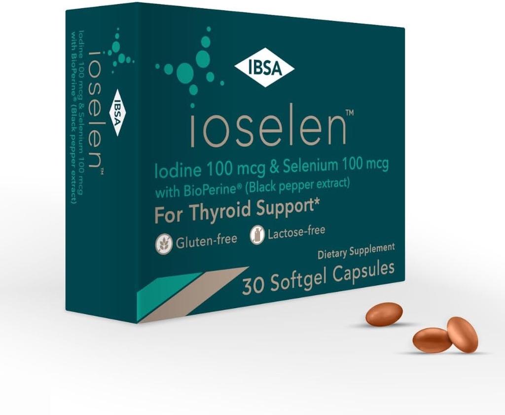 Ioselen - Suplemento de suporte da tireóide – 100 mcg Selenium, 100 mcg Iodine, 5mg BioPerine - 30 tampas de gel macio para aumentar a biodisponibilidade e absorção - sem glúten, livre de lactose, livre de açúcar, não-GMO