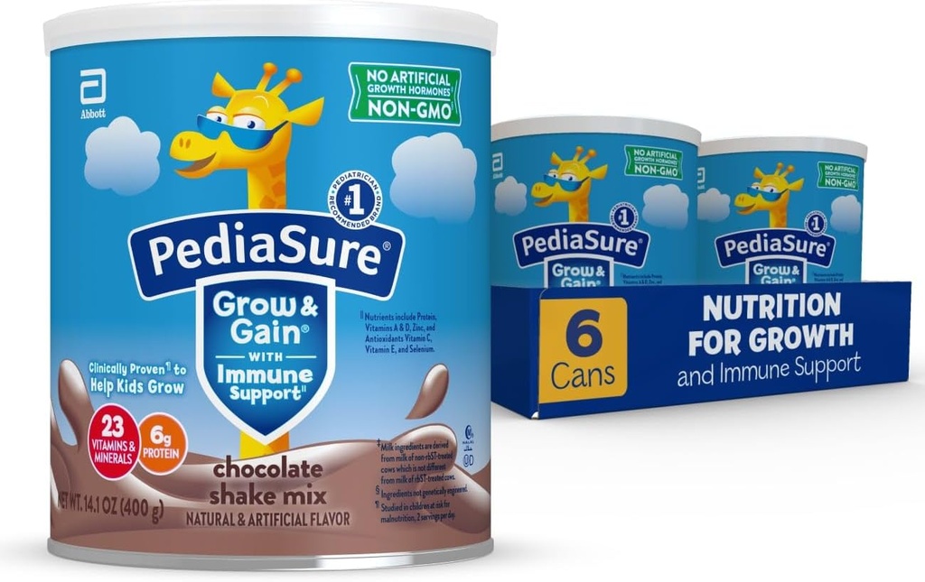 Pediasure crescer e ganhar com o suporte imunológico Shake Mix pó, 23 vitaminas e minerais, 6g de proteína, não-GMO, sem glúten, Nutrição para crianças, Chocolate, lata de 14,1 oz, pacote de 6-48 porções