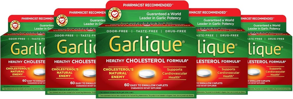Garlique Fórmula Colesterol Saudável com 5000 mcg de Allicin, 60 Caplets Entéricos (Pacote de 5)